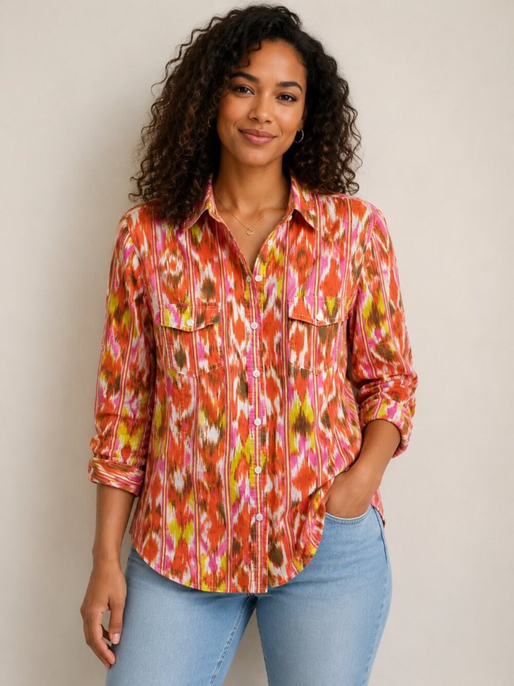 Jones New York Sport Abstract Print Button-Up Shirt – Multicolor Long Sleeve